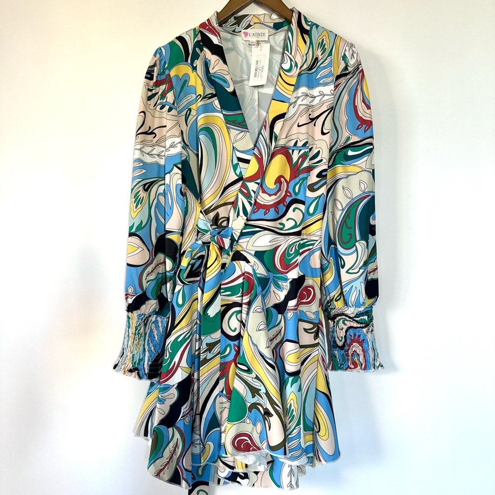 Blue, Green, Yellow & Red Abstract Print Wrap Dress